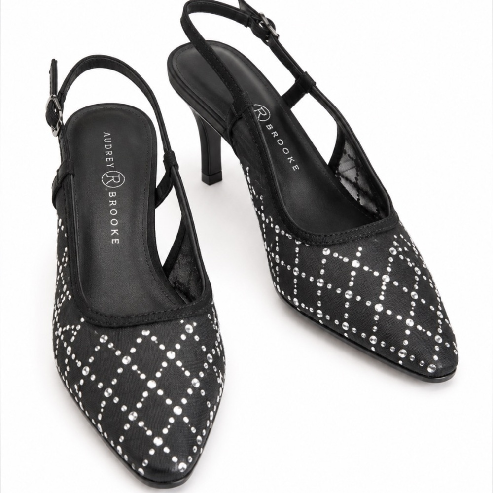CHINESE LAUNDRY Macee Slingback Kitten Heel Black Mesh Silver Studs Sz 7.5 💥🆕💥